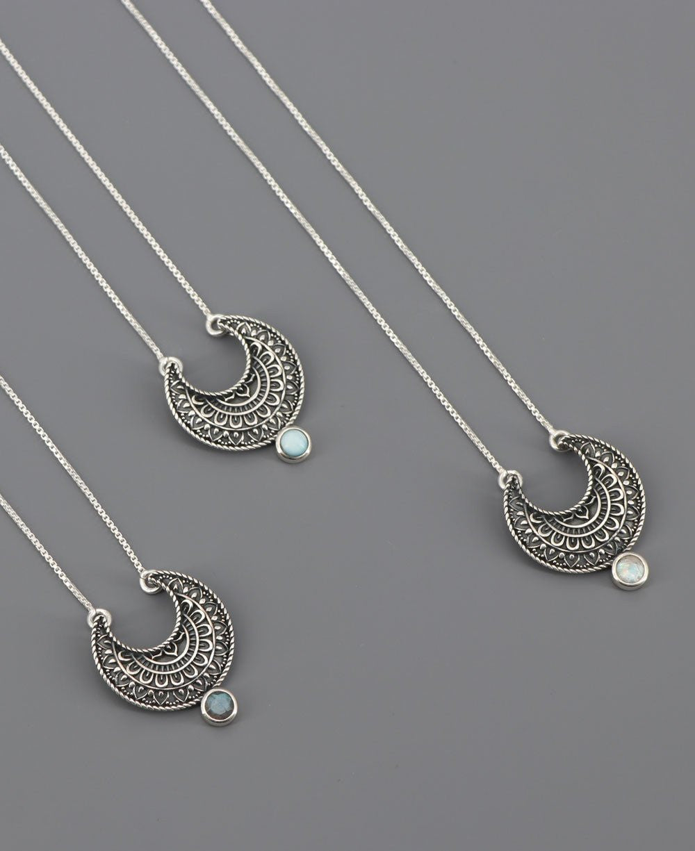 Sterling Silver Moon Phase Mandala Art Gemstone Inspirational Necklace - Necklaces Larimar