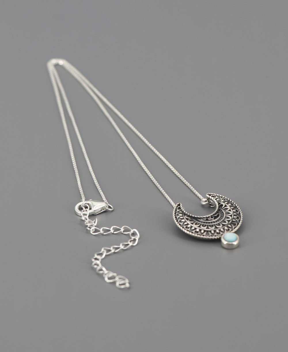 Sterling Silver Moon Phase Mandala Art Gemstone Inspirational Necklace - Necklaces Larimar