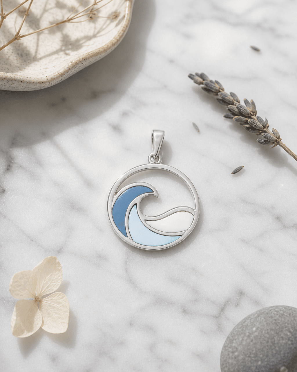 Sterling Silver Ocean Wave Pendant – Three - Tone Mother of Pearl Inlay, Rhodium - Plated - Pendant