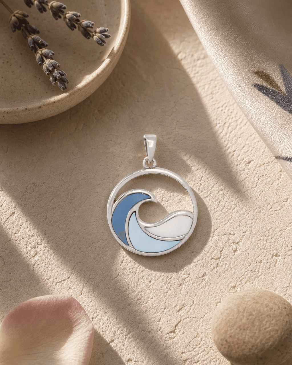 Sterling Silver Ocean Wave Pendant – Three - Tone Mother of Pearl Inlay, Rhodium - Plated - Pendant