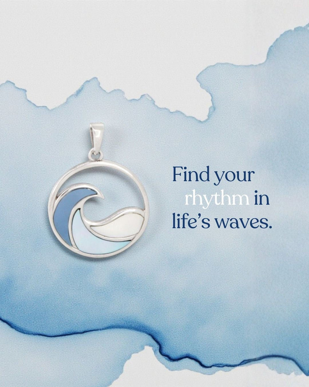 Sterling Silver Ocean Wave Pendant – Three - Tone Mother of Pearl Inlay, Rhodium - Plated - Pendant