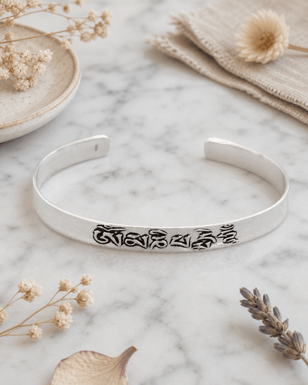 Sterling SIlver Om Mani Padme Hum Mantra Cuff Bracelet - Bracelets 6.25"