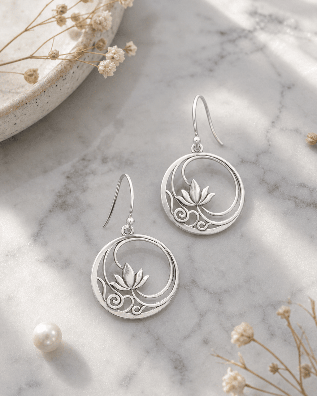 Sterling Silver Openwork Lotus Drop Earrings - Earrings