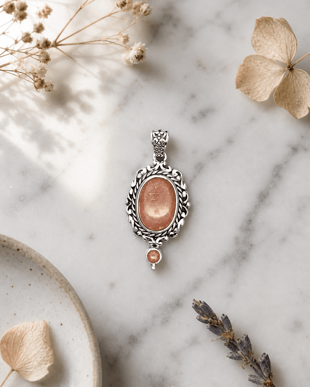 Sterling Silver Peach Moonstone Frame Pendant - Charms & Pendants