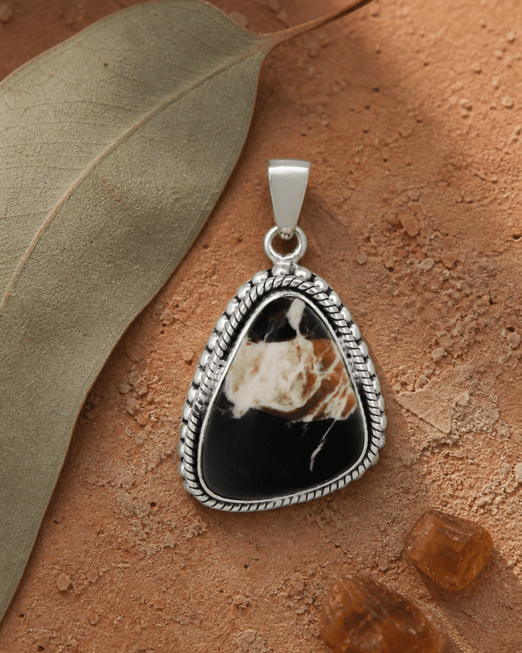 Sterling Silver Peanut Wood Jasper Pendant - Unique Fluid Organic Triangle - Pendants