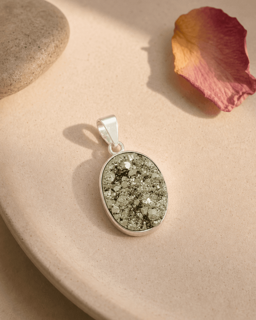 Sterling Silver Pyrite Cluster Gemstone Pendant - Charms & Pendants