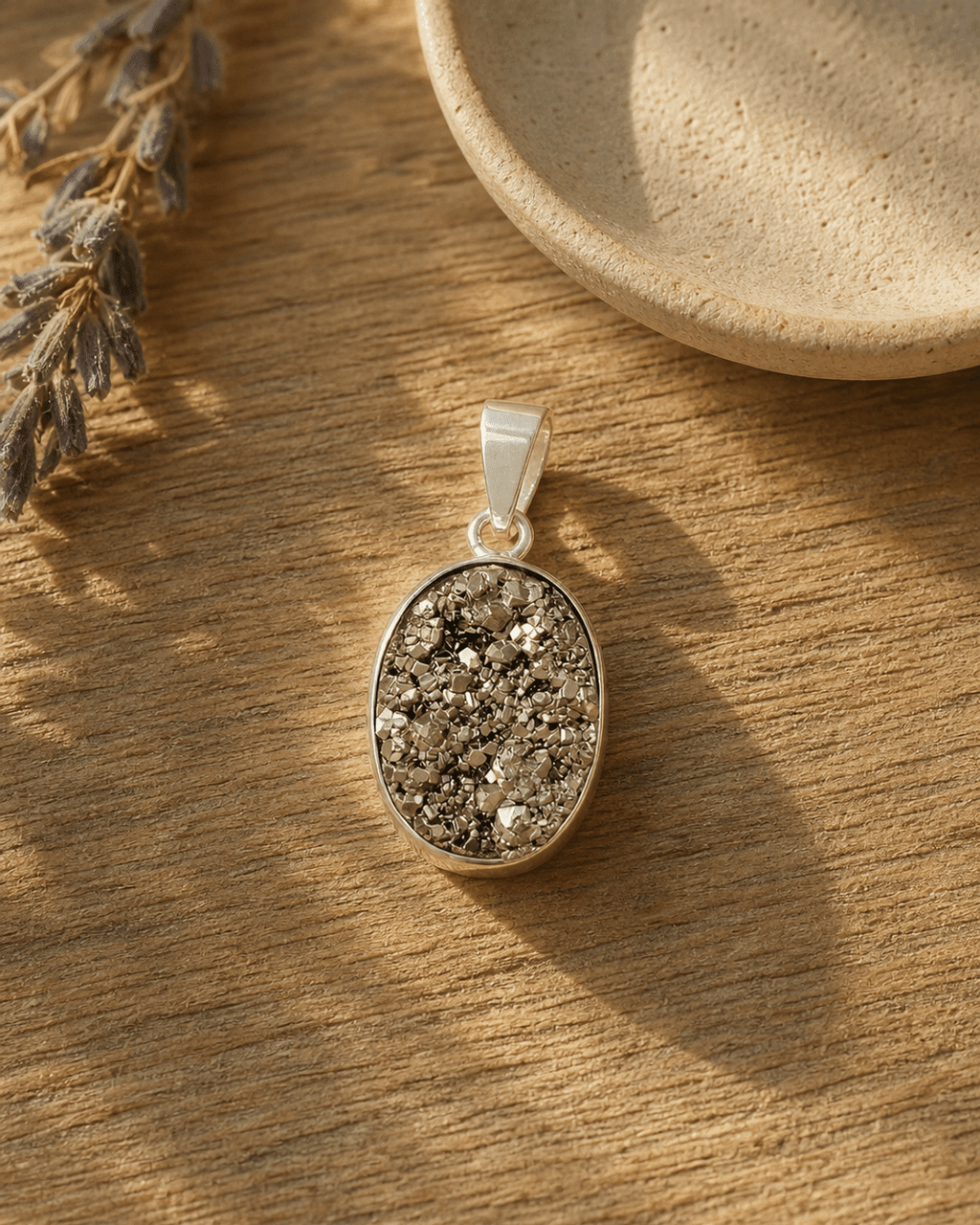 Sterling Silver Pyrite Cluster Gemstone Pendant - Charms & Pendants