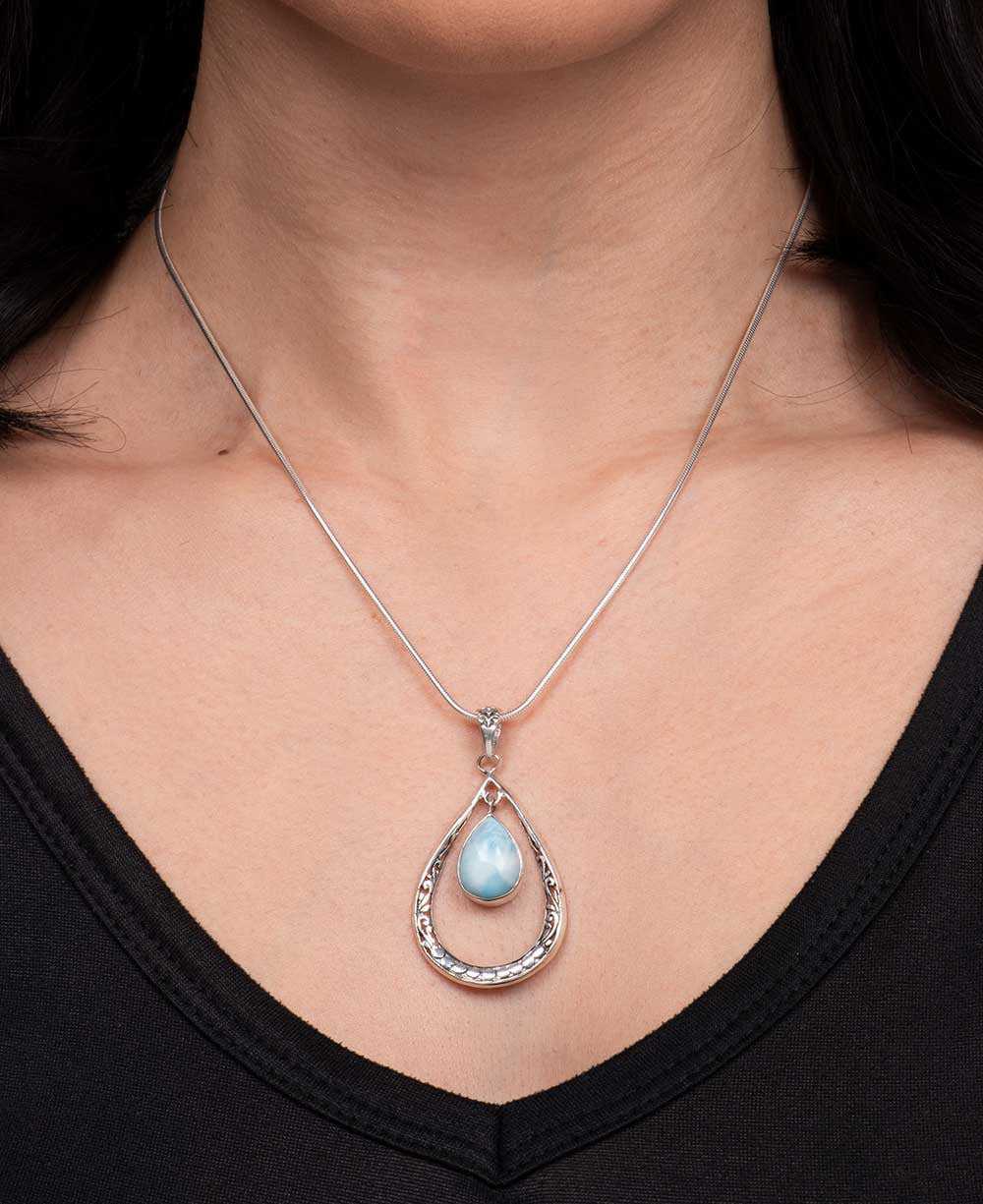 Sterling Silver Teardrop Floral Larimar Pendant - Pendants