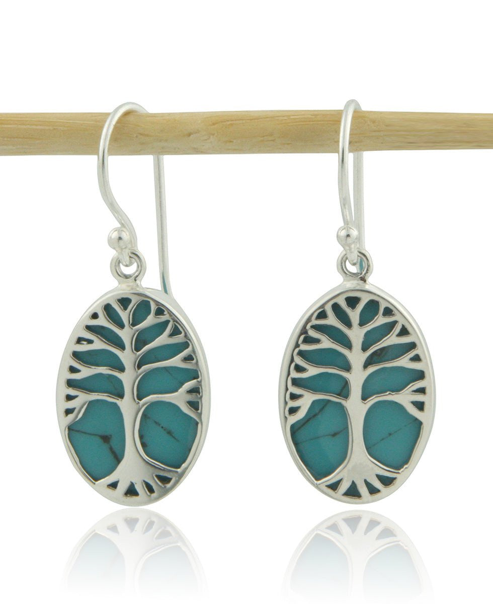 Sterling Silver Tree of Life Reconstituted Turquoise Earrings - Jewelry