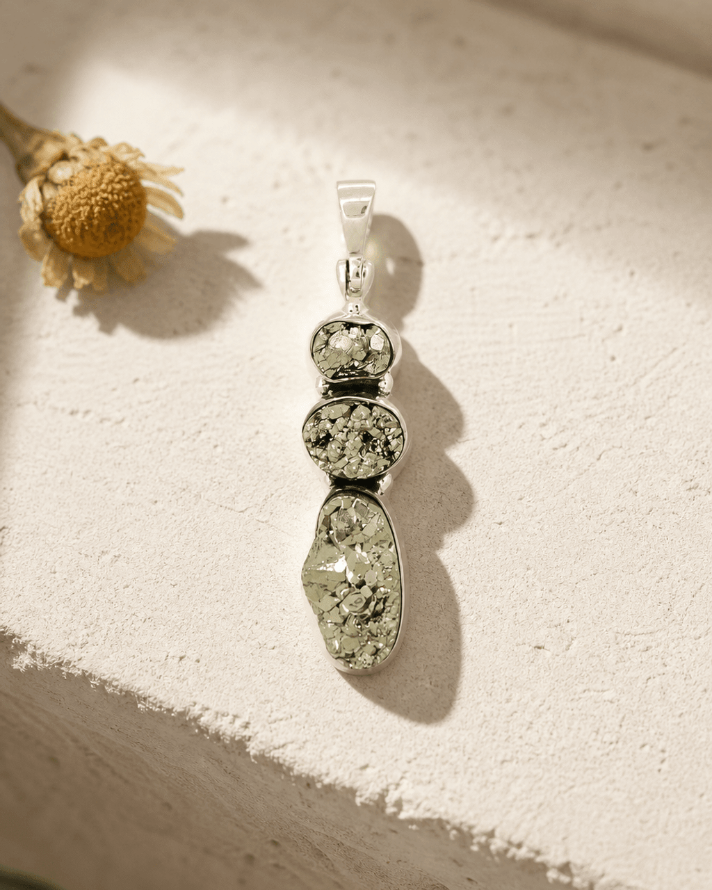 Sterling Silver Triple Stone Pyrite Cluster Gemstone Pendant - Charms & Pendants
