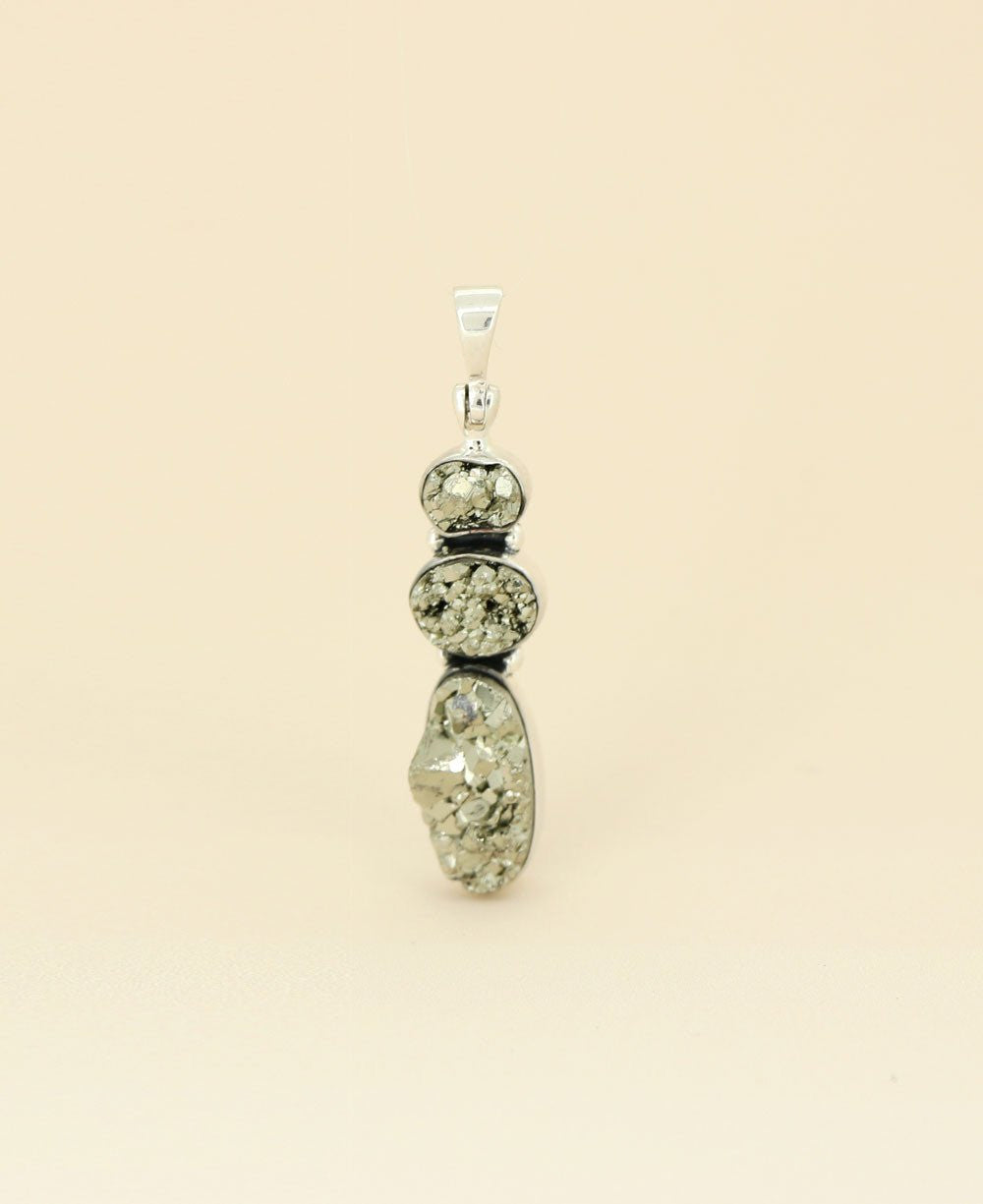 Sterling Silver Triple Stone Pyrite Cluster Gemstone Pendant - Charms & Pendants