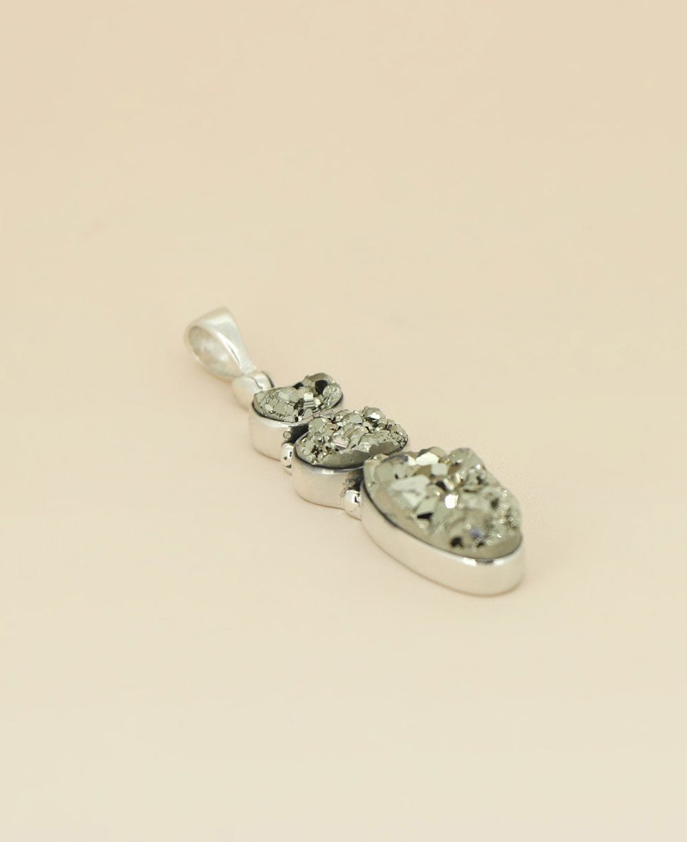 Sterling Silver Triple Stone Pyrite Cluster Gemstone Pendant - Charms & Pendants