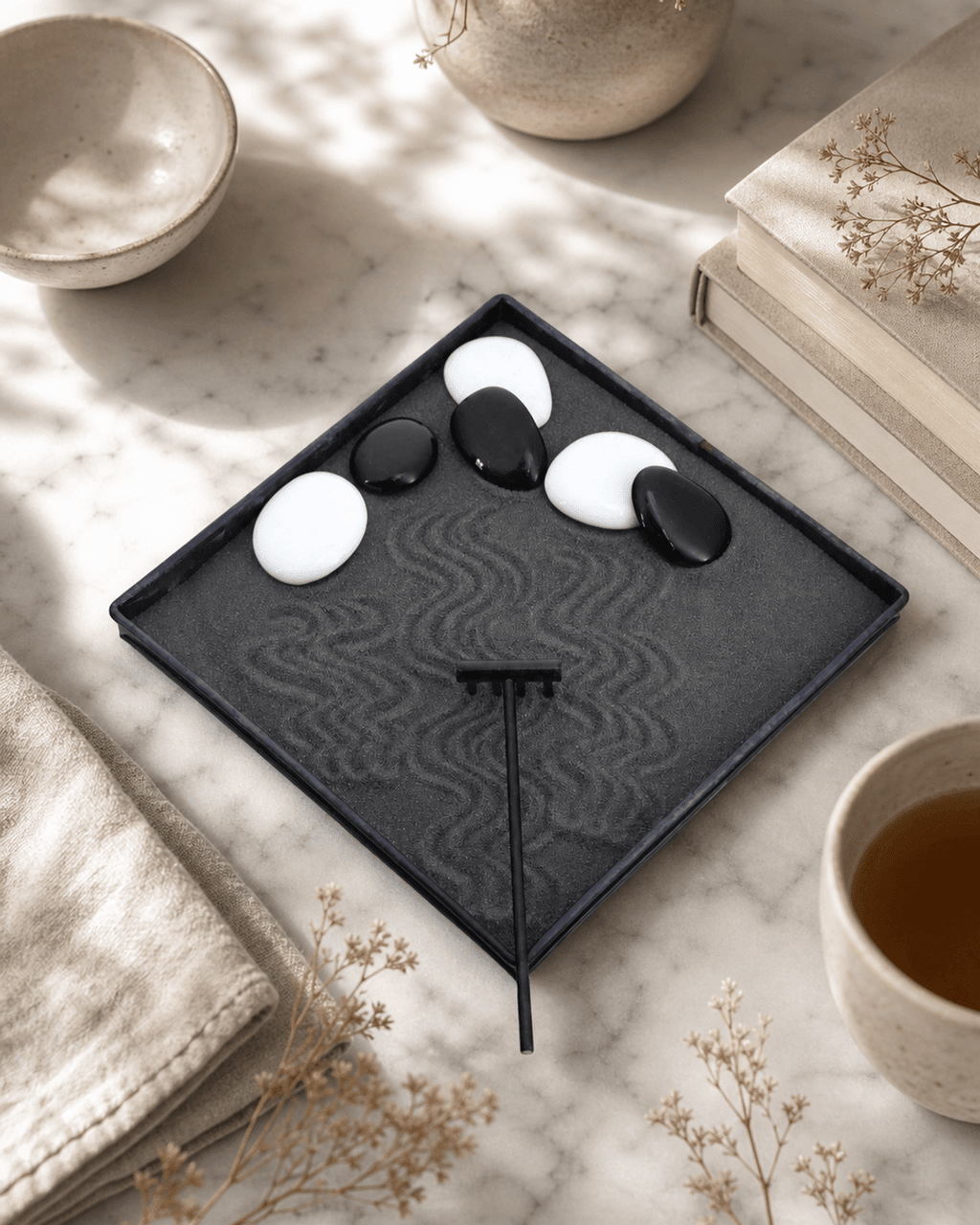 Tabletop Zen Garden with Rake and Stones – Metal Tray Meditation Set - Home & Garden
