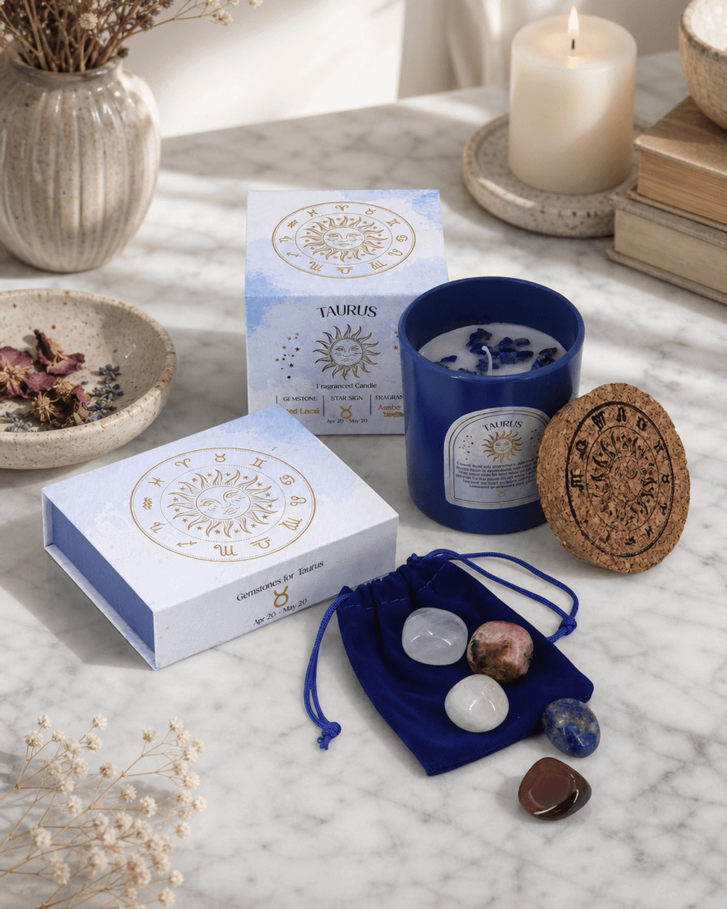 Taurus Zodiac Candle & Crystal Tumblestone Set - Candles