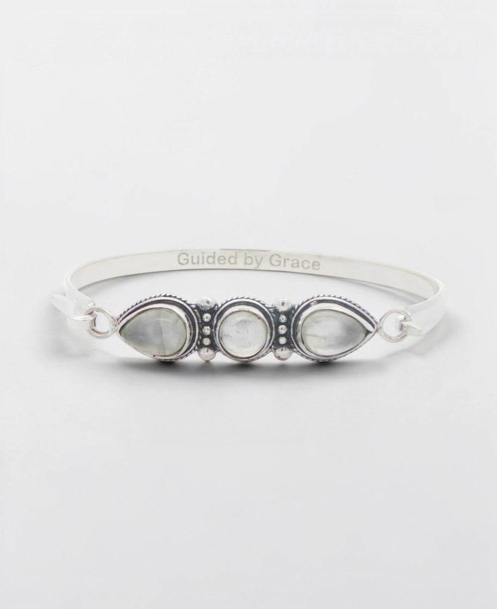 Three - Stone Moonstone Bracelet in Silver - Plated White Bronze — Guided by Grace Engraving - Jewelry