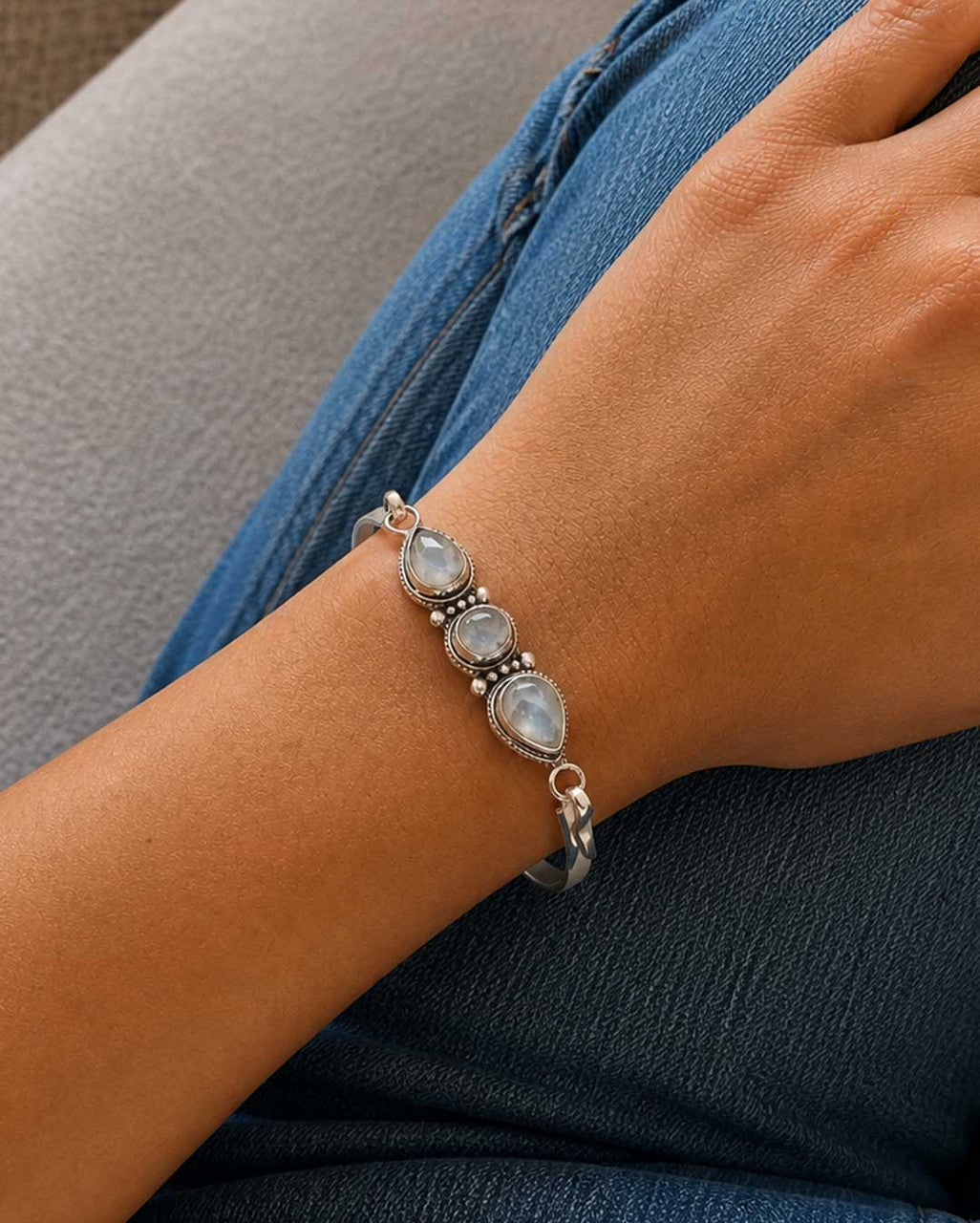 Three - Stone Moonstone Bracelet in Silver - Plated White Bronze — Guided by Grace Engraving - Jewelry