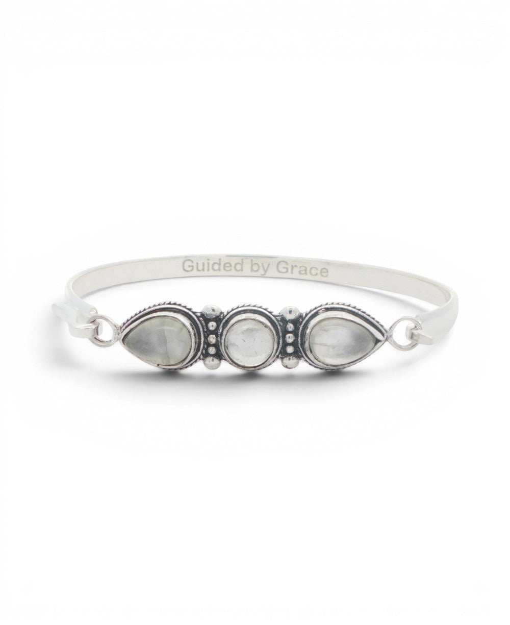 Three - Stone Moonstone Bracelet in Silver - Plated White Bronze — Guided by Grace Engraving - Jewelry