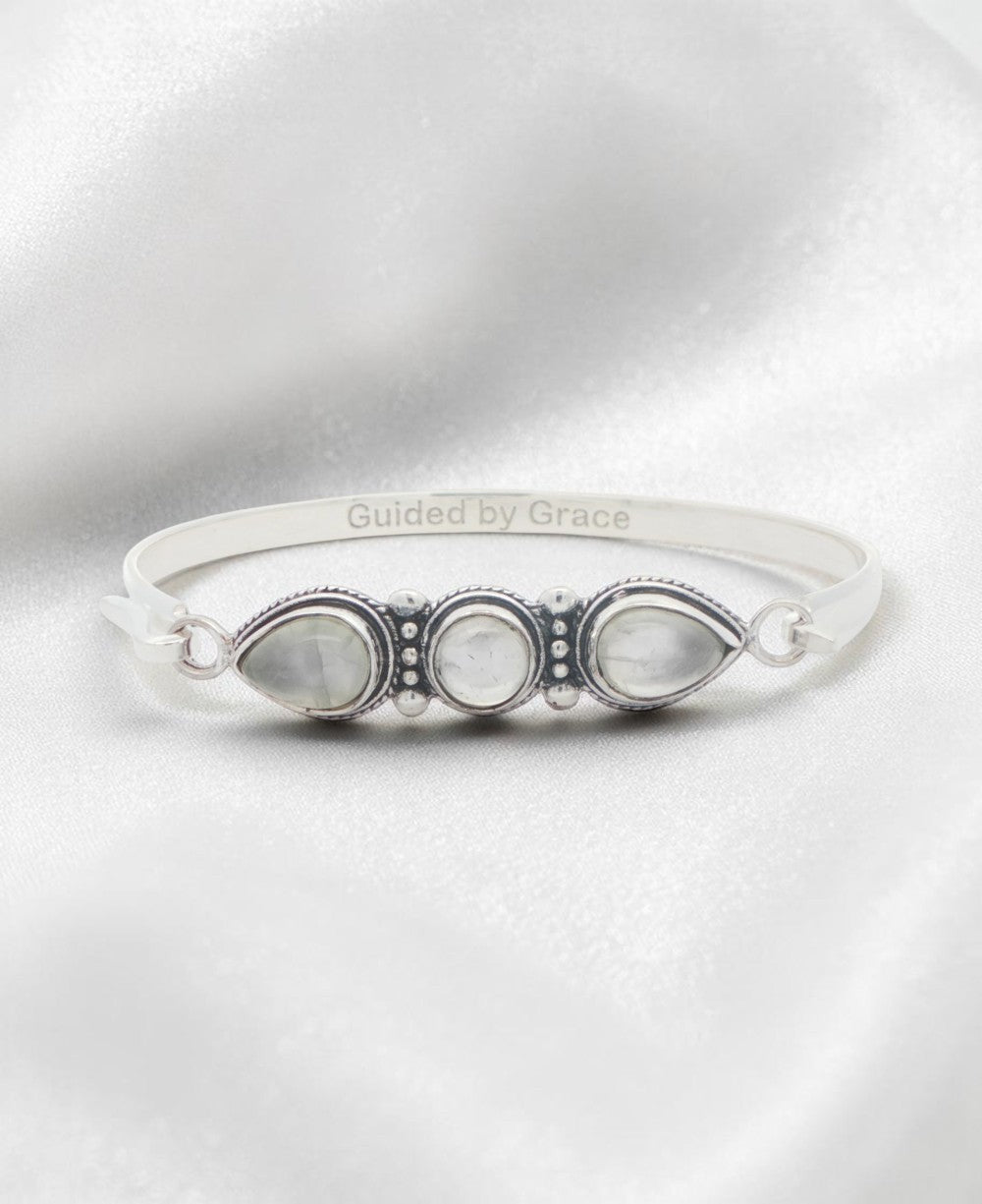 Three - Stone Moonstone Bracelet in Silver - Plated White Bronze — Guided by Grace Engraving - Jewelry
