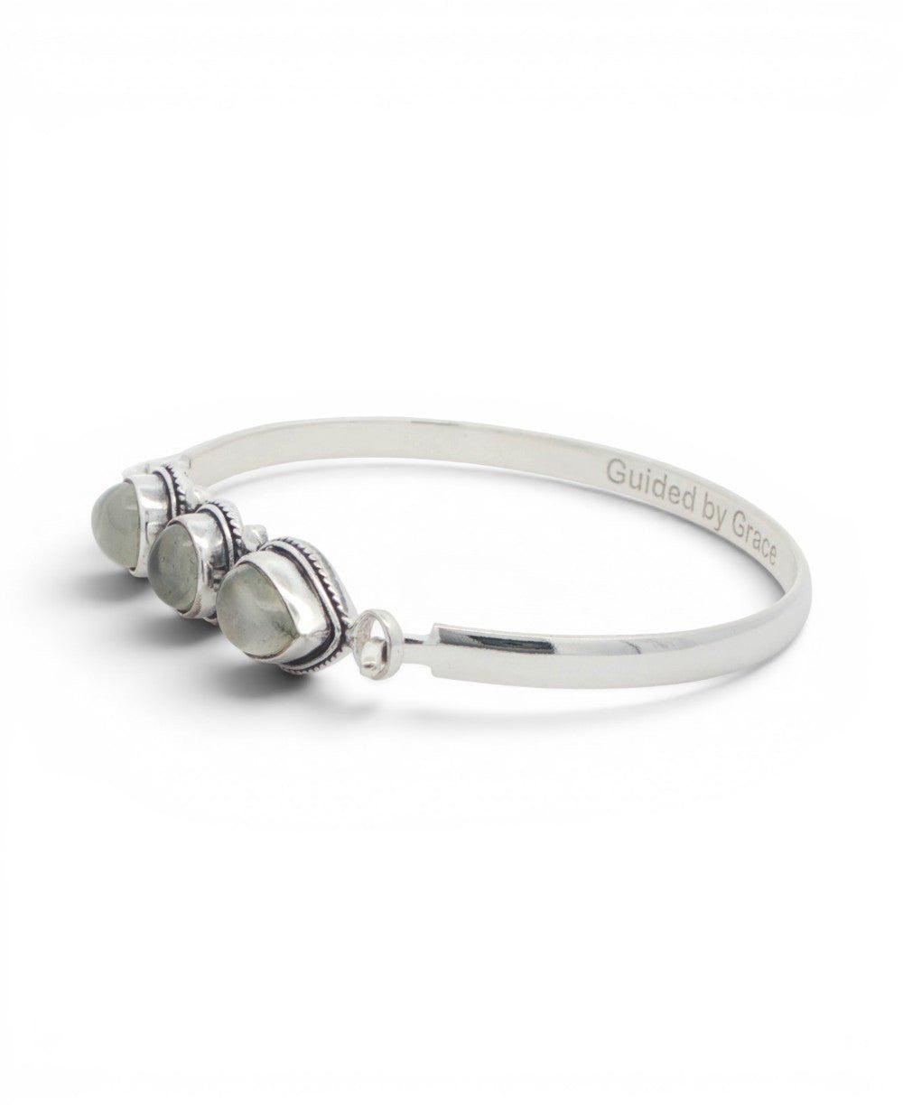 Three - Stone Moonstone Bracelet in Silver - Plated White Bronze — Guided by Grace Engraving - Jewelry