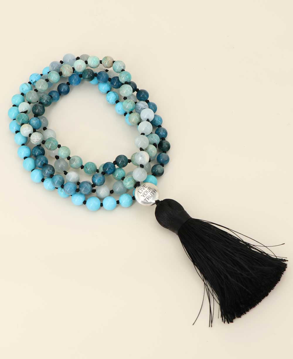 Throat Chakra Gemstones Knotted Mediation Mala, 108 Beads - Prayer Beads