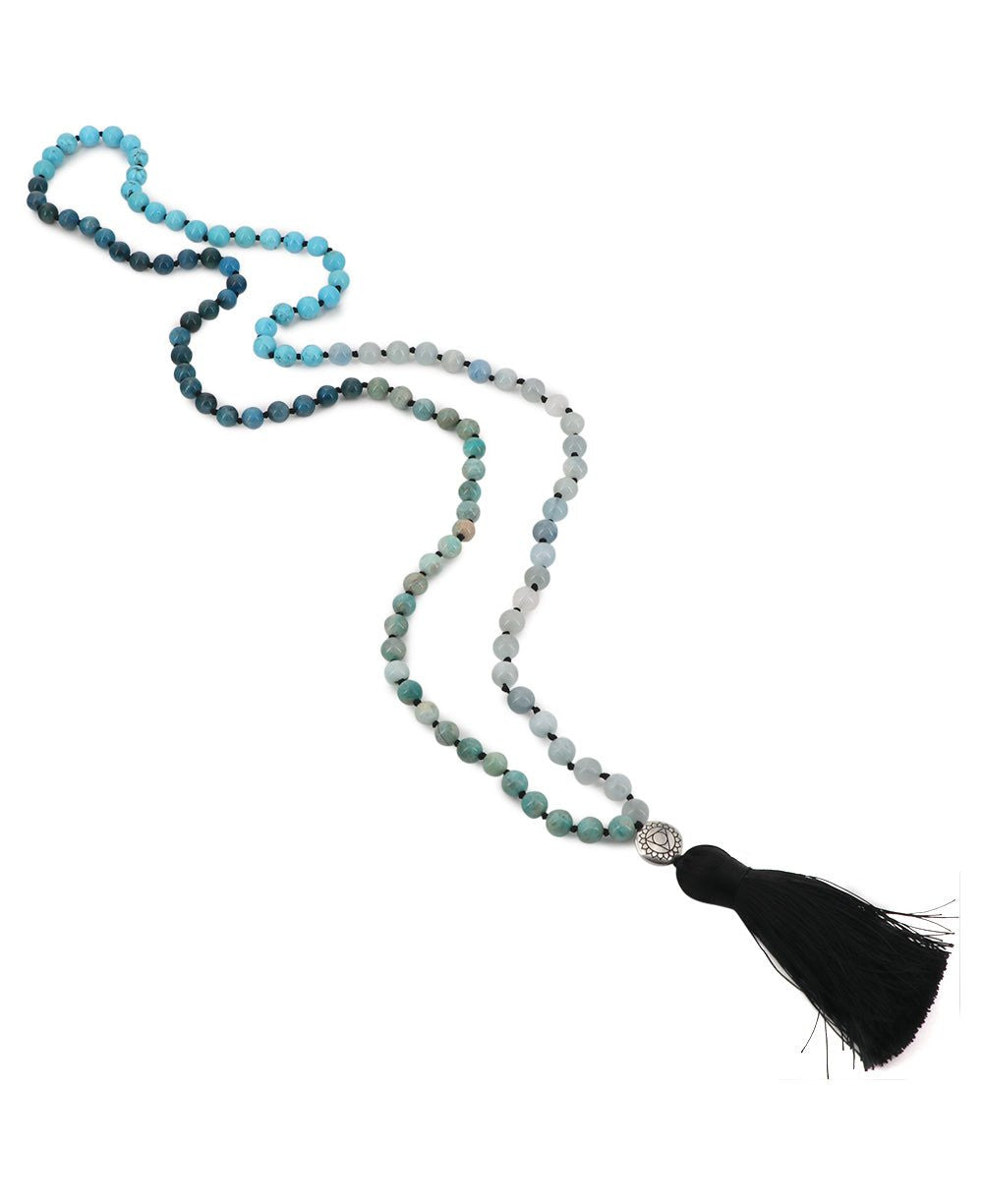 Throat Chakra Gemstones Knotted Mediation Mala, 108 Beads - Prayer Beads