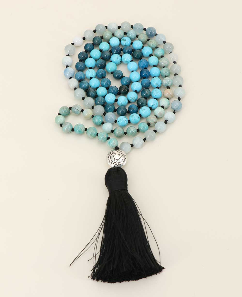 Throat Chakra Gemstones Knotted Mediation Mala, 108 Beads - Prayer Beads