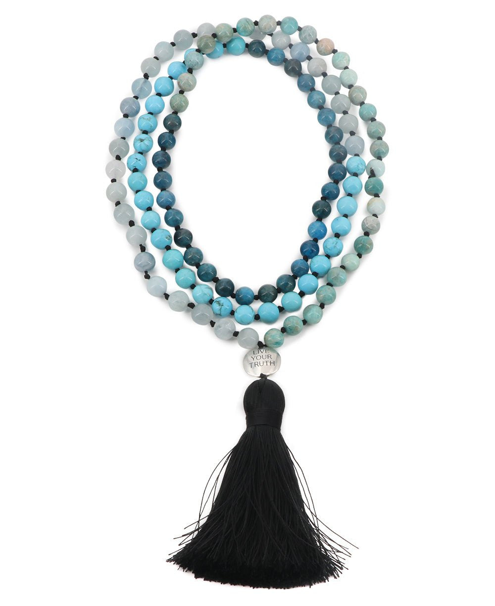 Throat Chakra Gemstones Knotted Mediation Mala, 108 Beads - Prayer Beads