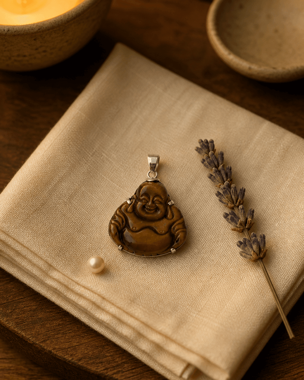 Tiger's Eye and Sterling Silver Happy Buddha Pendant - Charms & Pendants