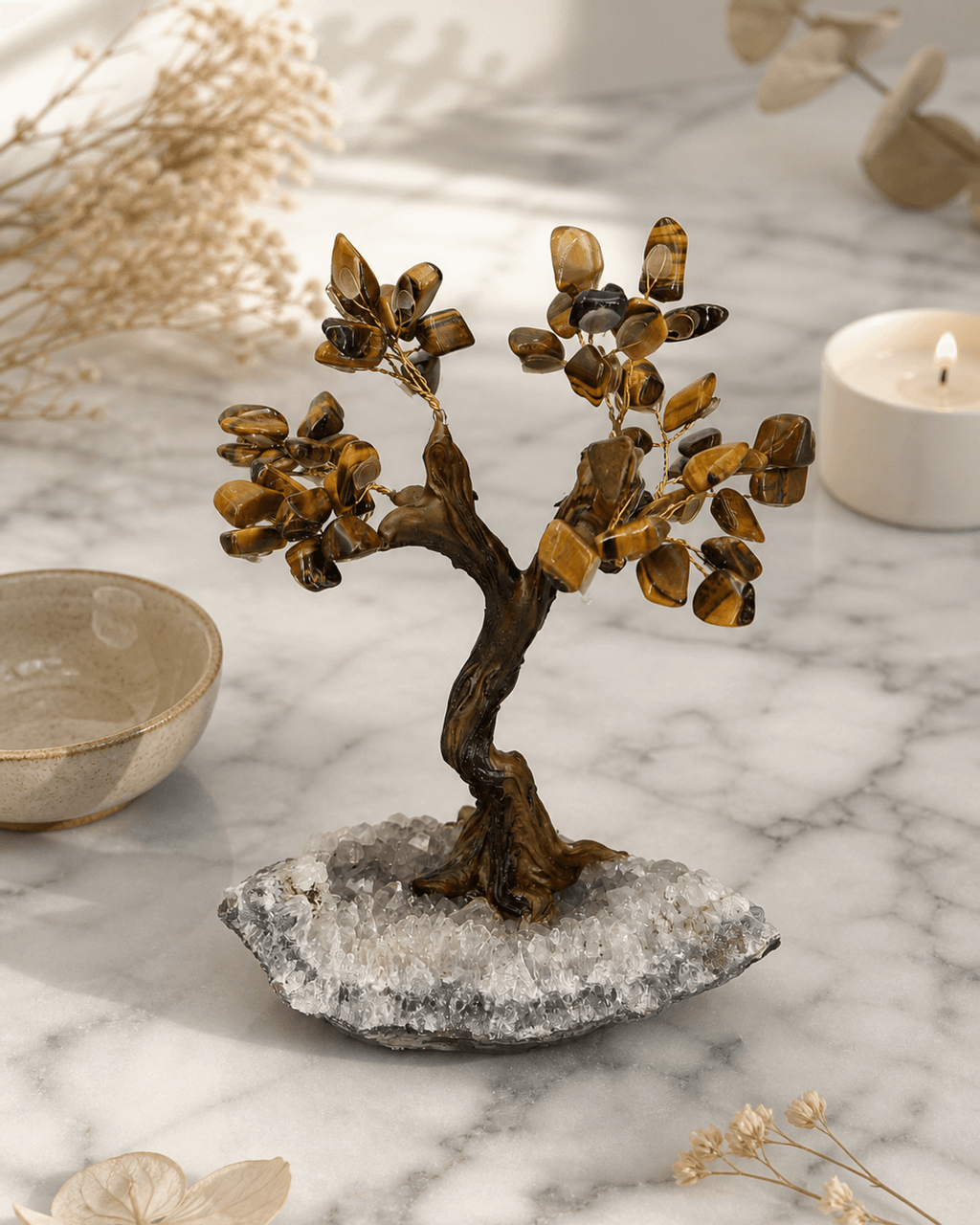Tiger’s Eye Gemstone Tree Bonsai for Strength & Balance - New