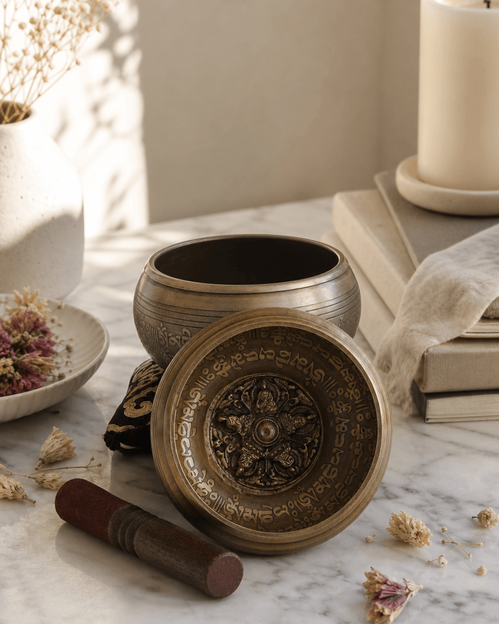 Traditional Singing Bowl with 5 Dhyani Buddhas - Hand Bells & Chimes