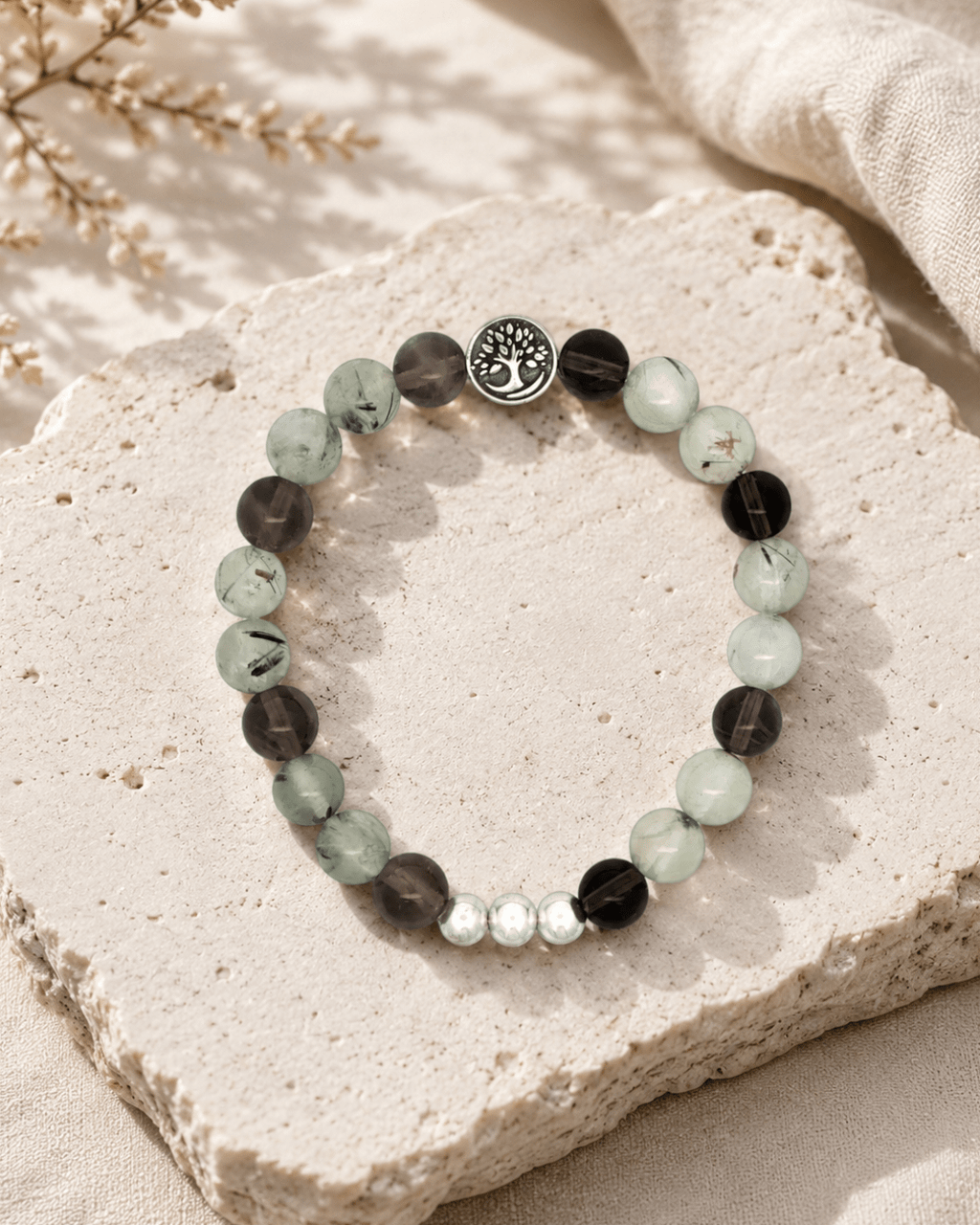 Tree of Life Gemstone Bracelet — Smoky Quartz & Prehnite, 8mm - Bracelet