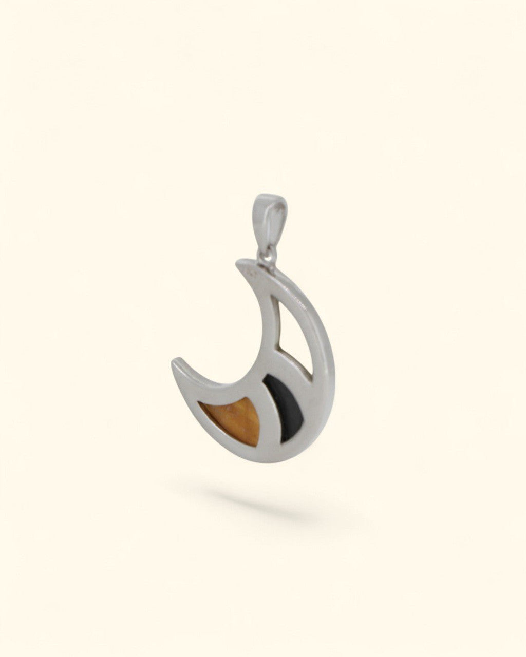 Tricolor Crescent Inlay Moon Pendant – Sterling Silver with Tiger’s Eye, Hematite & Mother of Pearl - Pendant