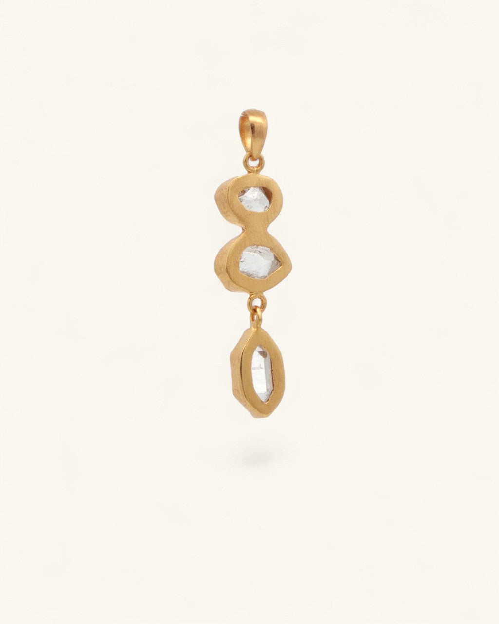 Triple Herkimer Quartz gold-plated pendant back view showing matte gold bezel backs and crystal edges against white background