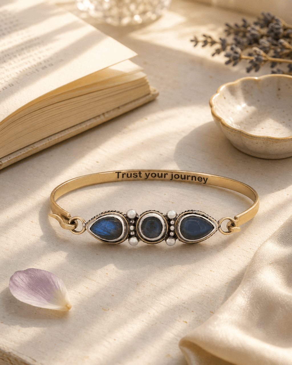 Trust Your Journey Labradorite Gemstone Cuff Bracelet in Bronze and Sterling Silver - Bracelets