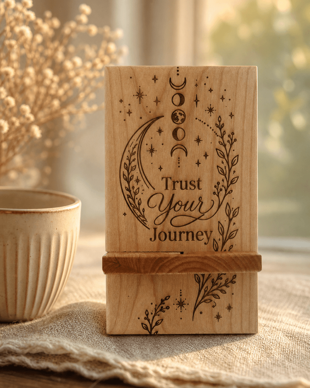 Trust Your Journey Wood Phone Stand — new products (staging), vibey closeup lifestyle photo
