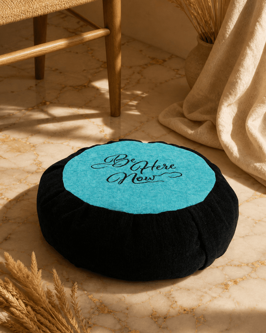 Turquoise Blue and Black Be Here Now Zafu Cushion - Massage Cushions