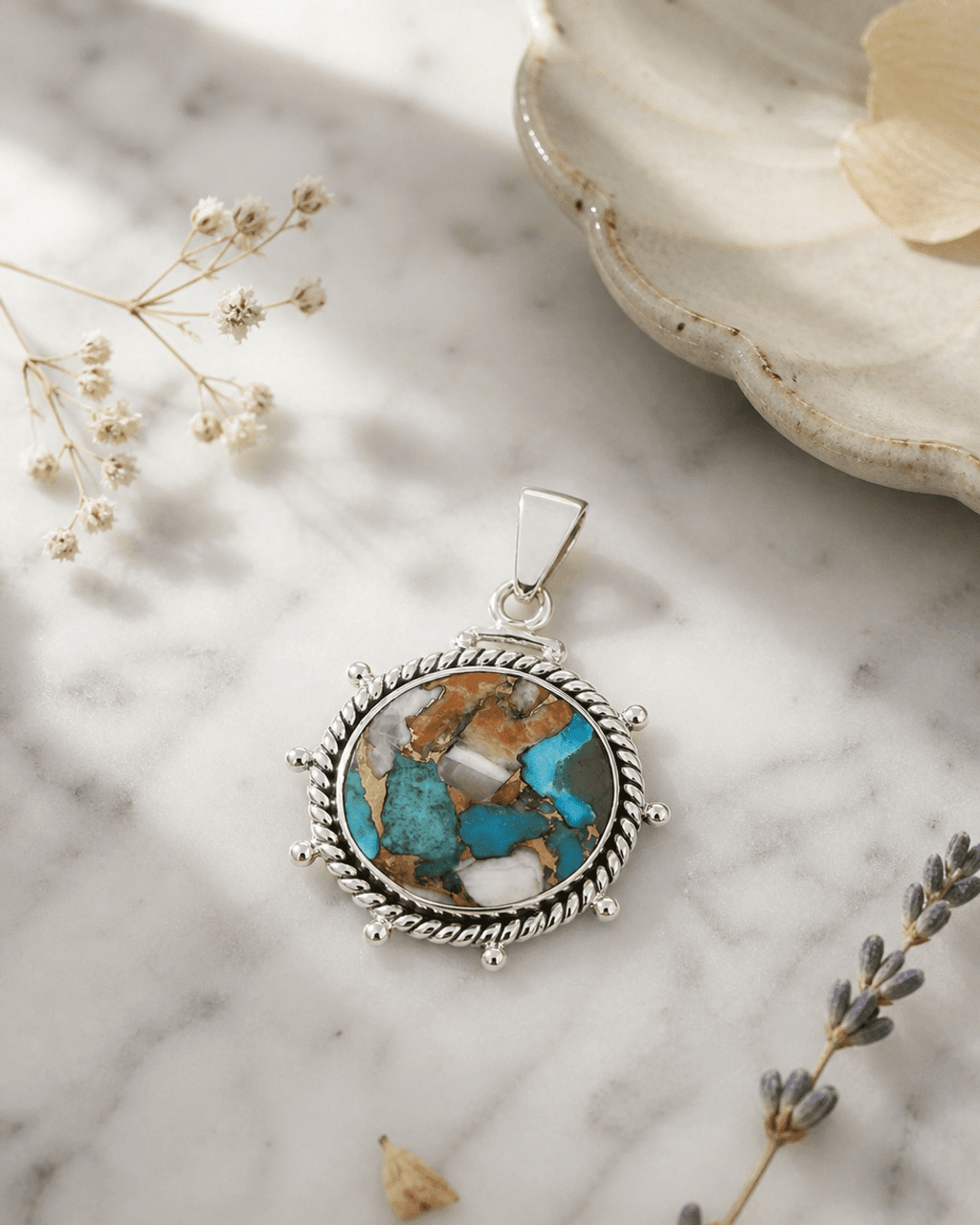 Turquoise Spiny Oyster Sterling Silver Wheel Pendant - Charms & Pendants