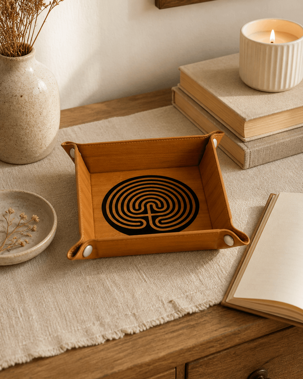 Two-Sided Labyrinth Meditation Tray  With 7-Circuit & Chartres Designs — curated, flatlay linen lifestyle photo