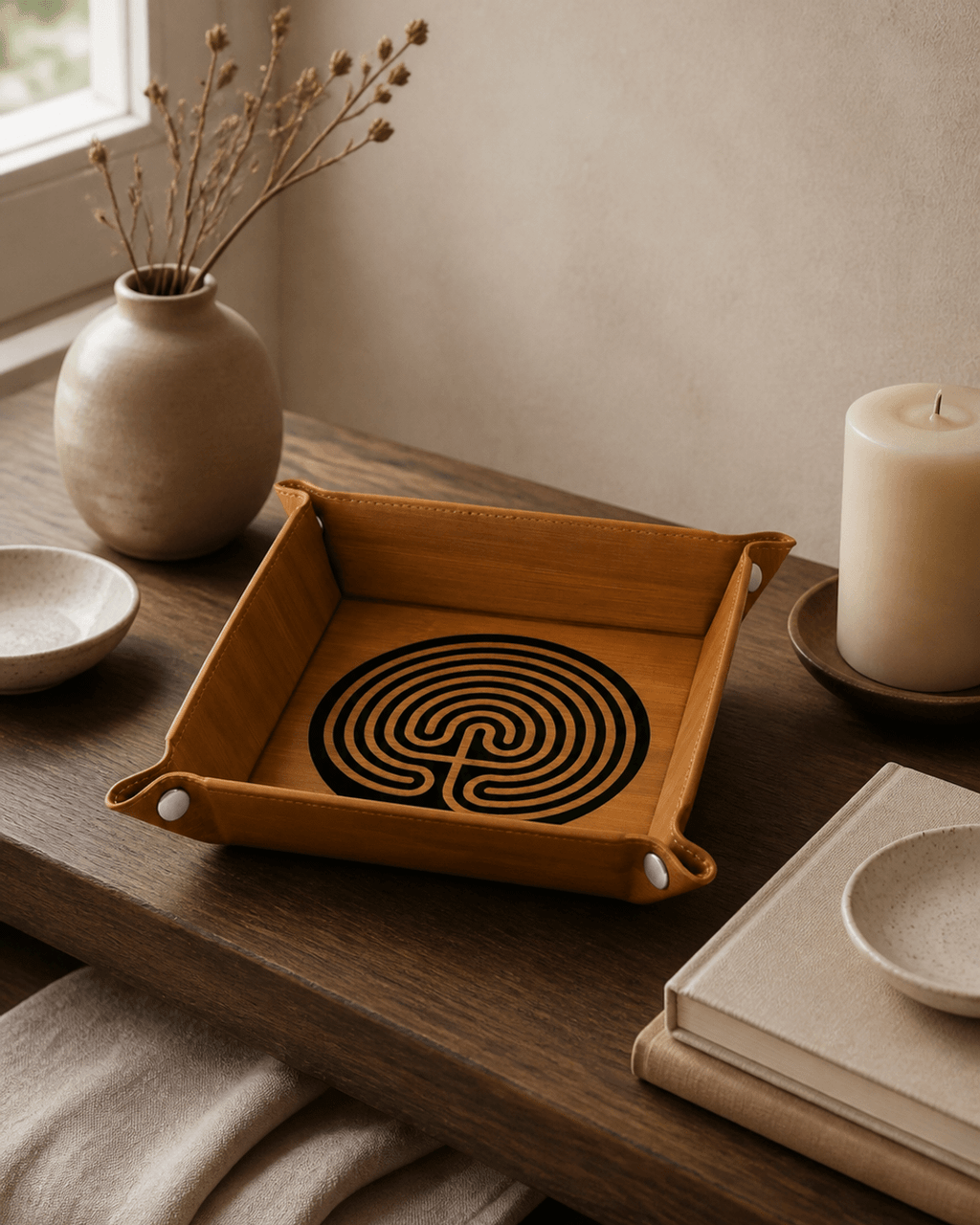 Two-Sided Labyrinth Meditation Tray  With 7-Circuit & Chartres Designs — curated, meditation corner lifestyle photo