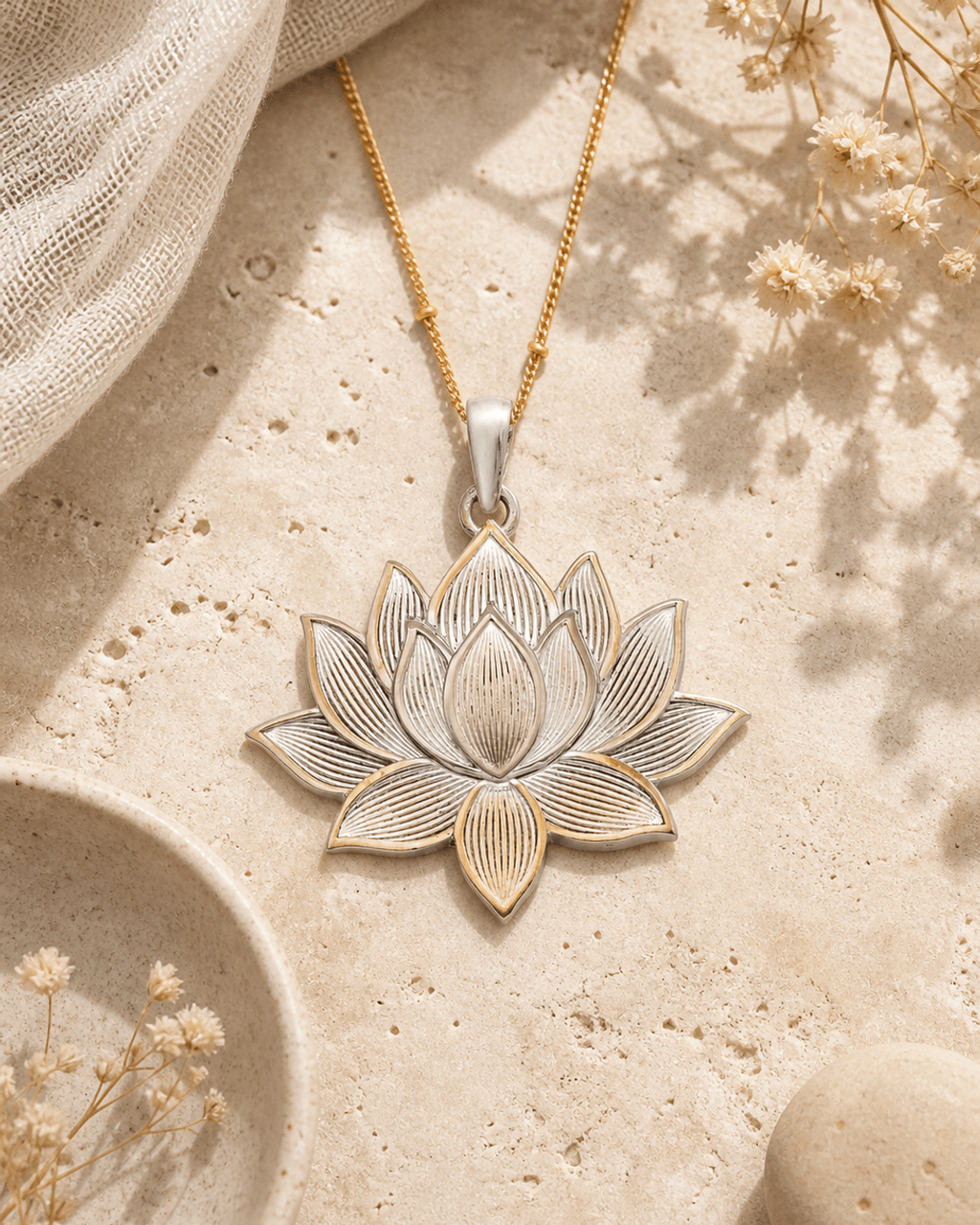 Two-Tone Blooming Lotus Pendant — new, editorial travertine lifestyle photo