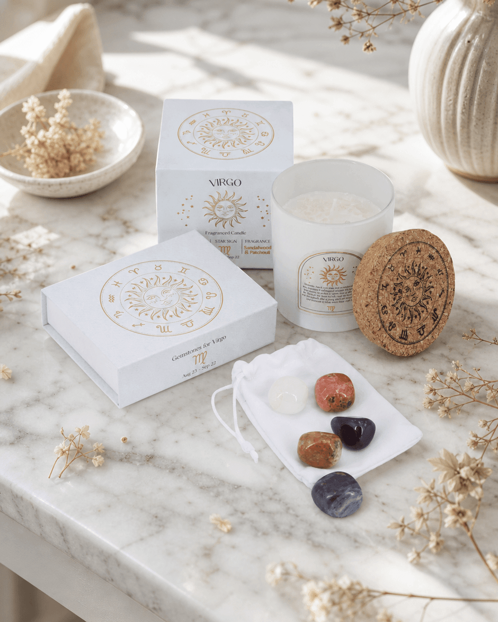 Virgo Zodiac Candle & Crystal Tumblestone Set - cand