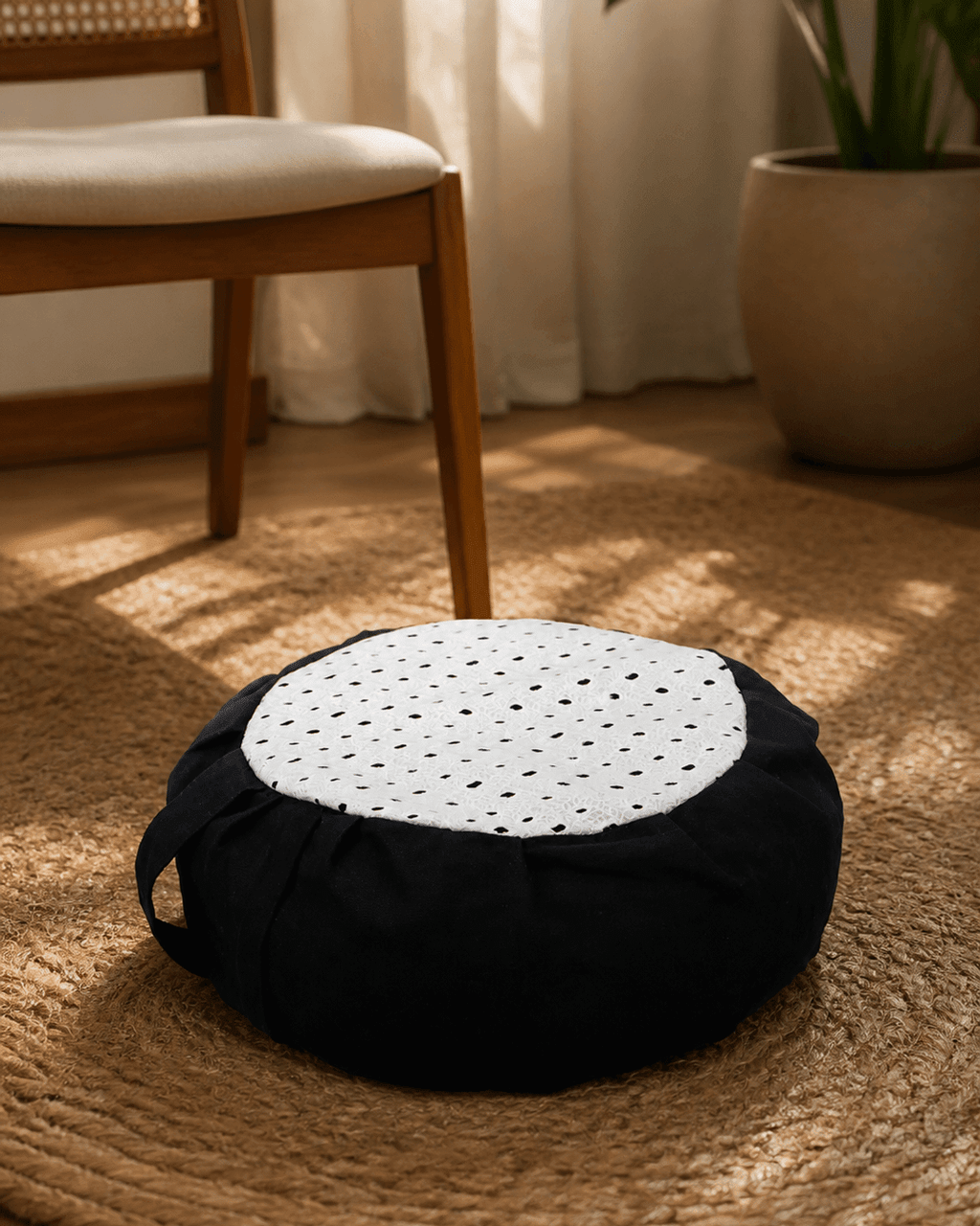 White Eyelet with Black Base Zafu Meditation Cushion - Massage Cushions