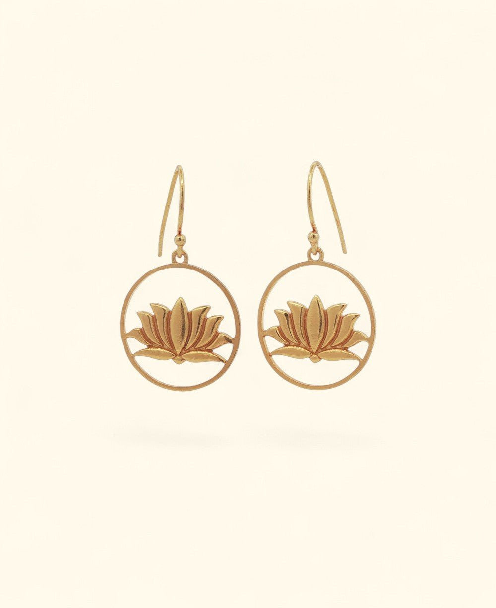 Wire Frame Lotus Dangle Earrings — Gold Plated Brass Lotus Hoops - Earrings