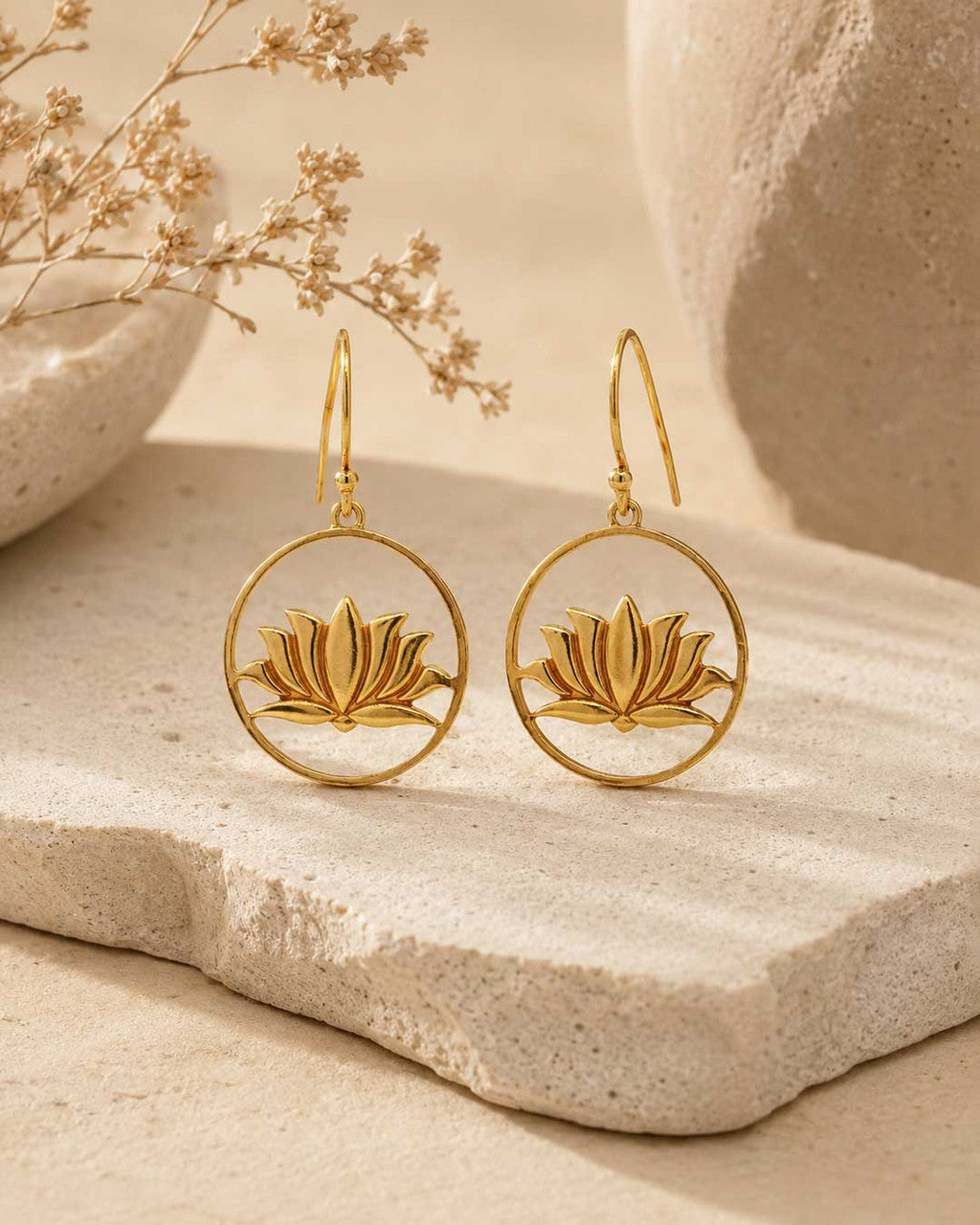 Wire Frame Lotus Dangle Earrings — Gold Plated Brass Lotus Hoops - Earrings