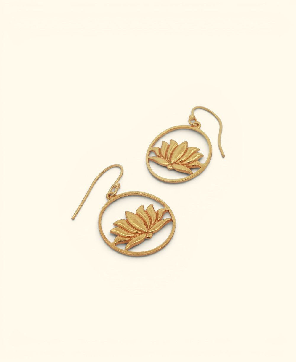 Wire Frame Lotus Dangle Earrings — Gold Plated Brass Lotus Hoops - Earrings