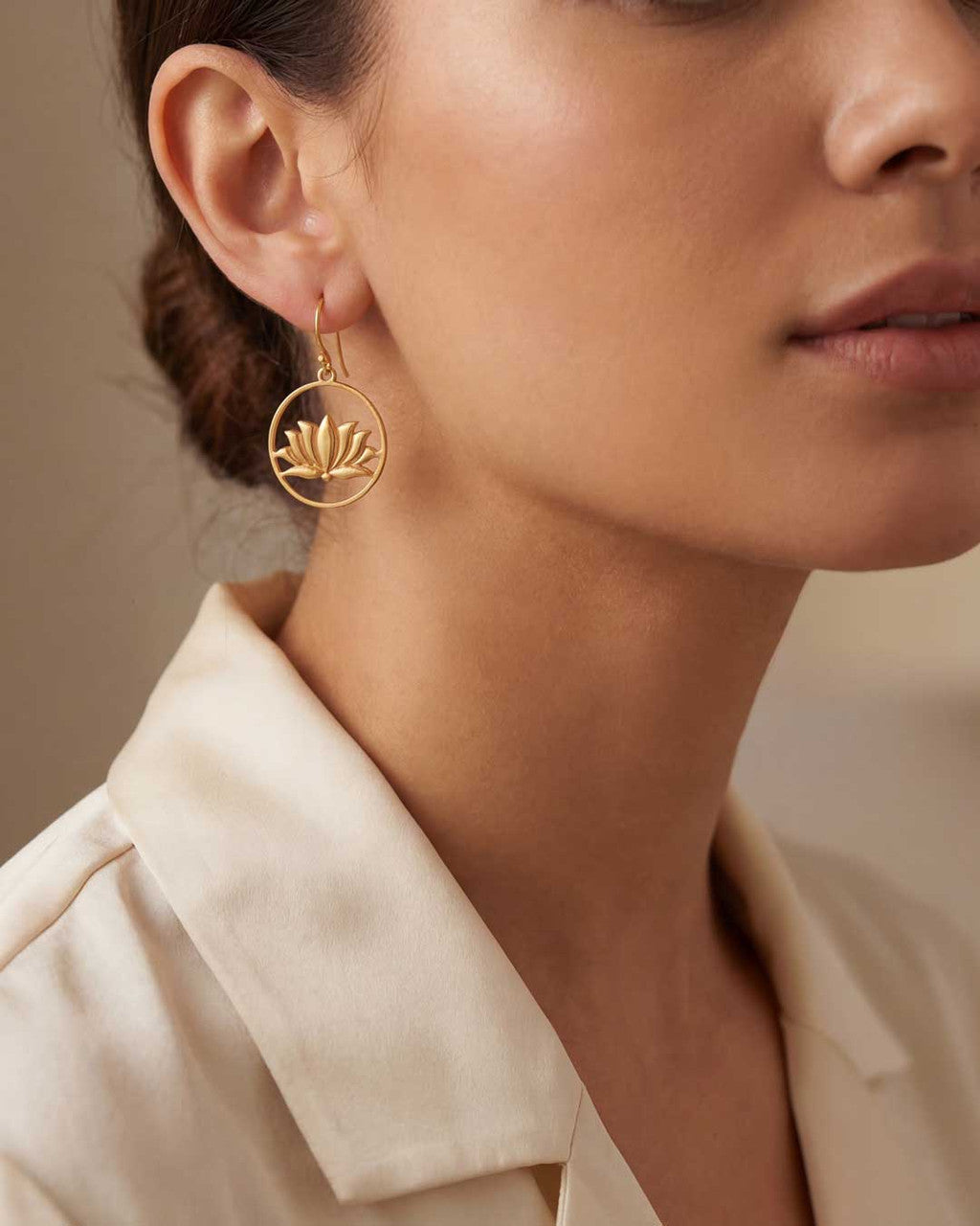 Wire Frame Lotus Dangle Earrings — Gold Plated Brass Lotus Hoops - Earrings