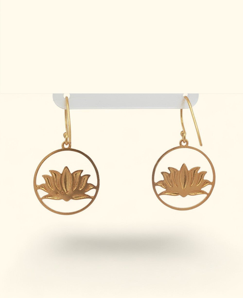 Wire Frame Lotus Dangle Earrings — Gold Plated Brass Lotus Hoops - Earrings