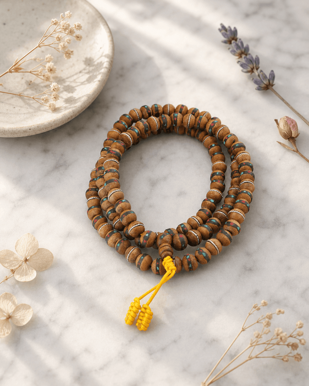 Wooden Mala with Coral and Turquoise Inlays, 108 Beads - Prayer Beads