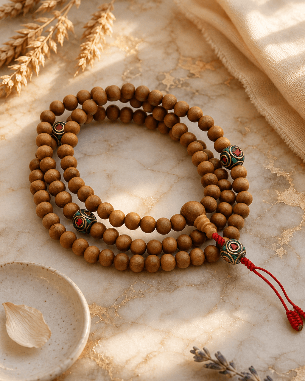 Wooden Meditation Mala with Inlay Counters, 108 Beads - 
