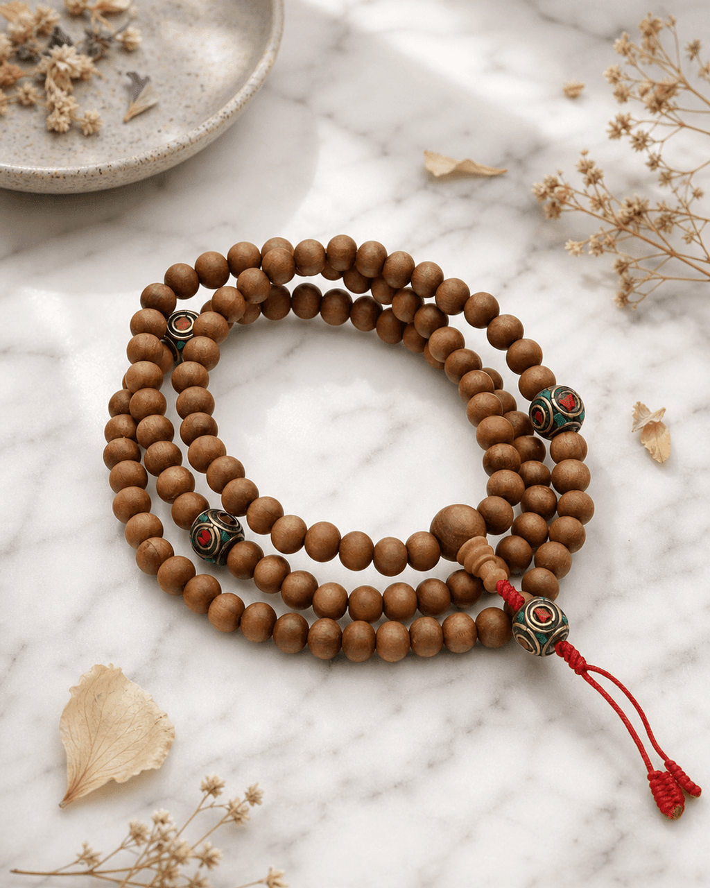 Wooden Meditation Mala with Inlay Counters, 108 Beads - 